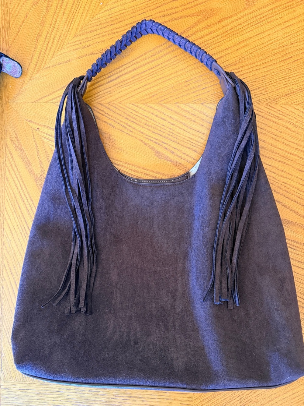 Suede Fringe Hobo Shoulder Bag - Brown